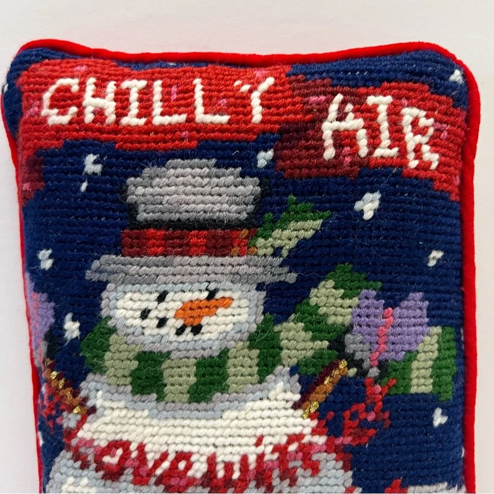 Vintage Needlepoint Snowman Red Cardinal Love Winter Mini Decorative Pillow 8x6